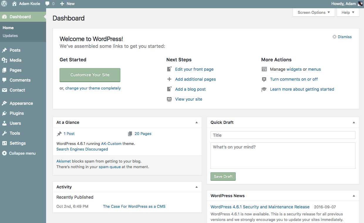 The WordPress Main Dashboard Screen